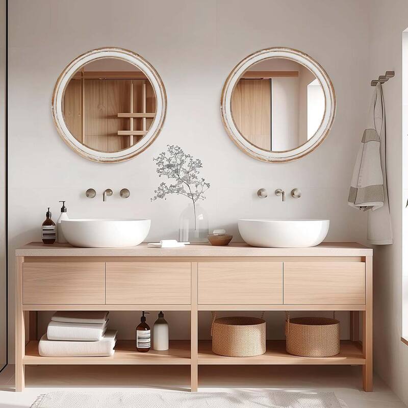 31.5 inches Round Wall Mirror for Bathroom Vanity, Wooden Farmhouse Circle Mirrors for Bedroom, Entryway, Living Room