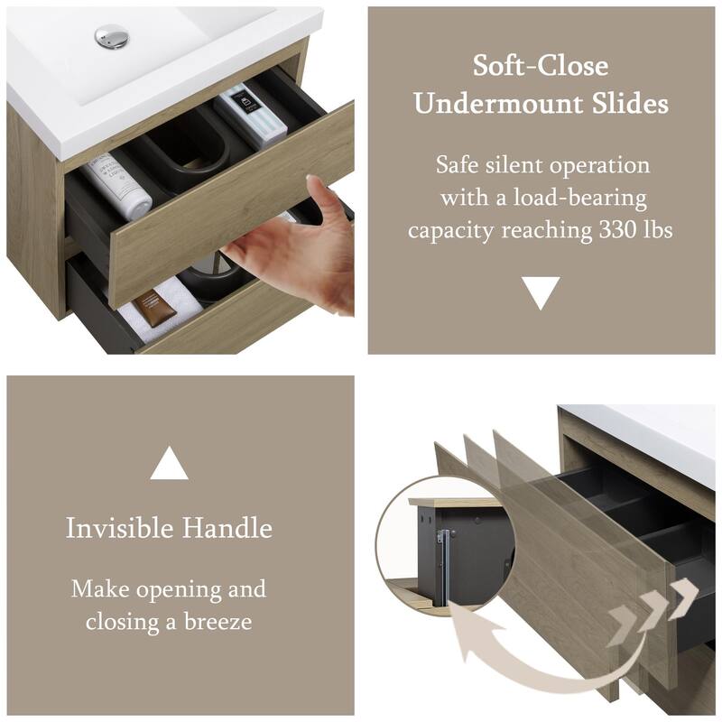24" Floating Bathroom Vanity with Sink, Wall-Mounted Storage Cabinet with Solid Surface Basin & Soft-Close Drawers