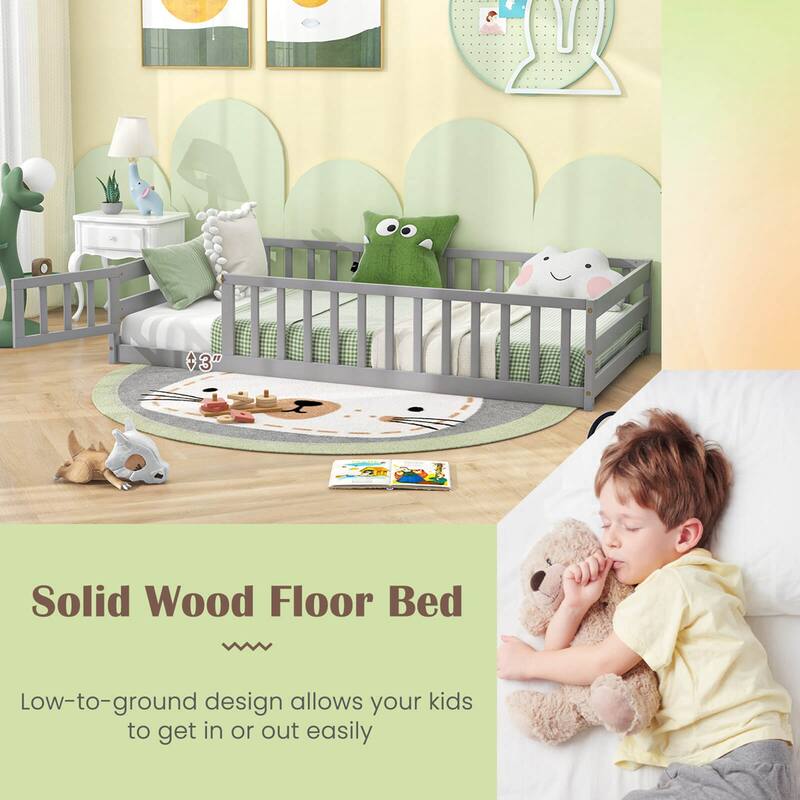 Costway Twin Size Floor Bed with Door & Fence with Safety Guardrails &