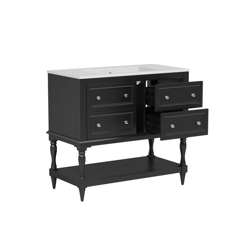 Roomfitters 36" Vanity with Undermount Ceramic Sink, Solid Wood Cabinet with 4 Drawers, Freestanding Bathroom Set
