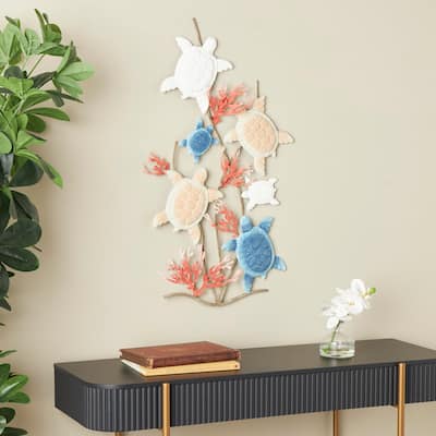 Multi Colored Metal Swimming Turtle Home Wall Decor with Red Coral Accents
