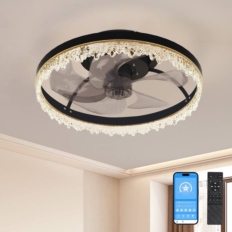 LunaDrift 16"20"24" Modern Black Crystal Smart Flush Mount Ceiling Fan with Light, Dimmable Bedroom Ceiling Fan w/Remote - 16in.
