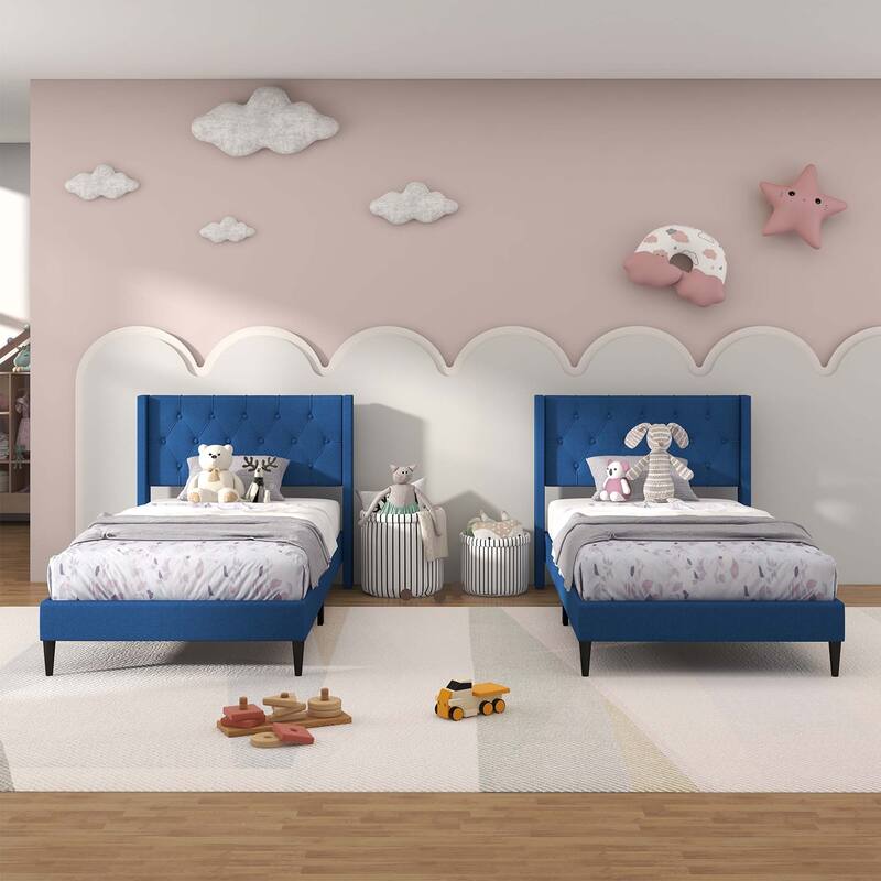 Costway Twin Size Upholstered Platform Bed with Button Tufted Wingback