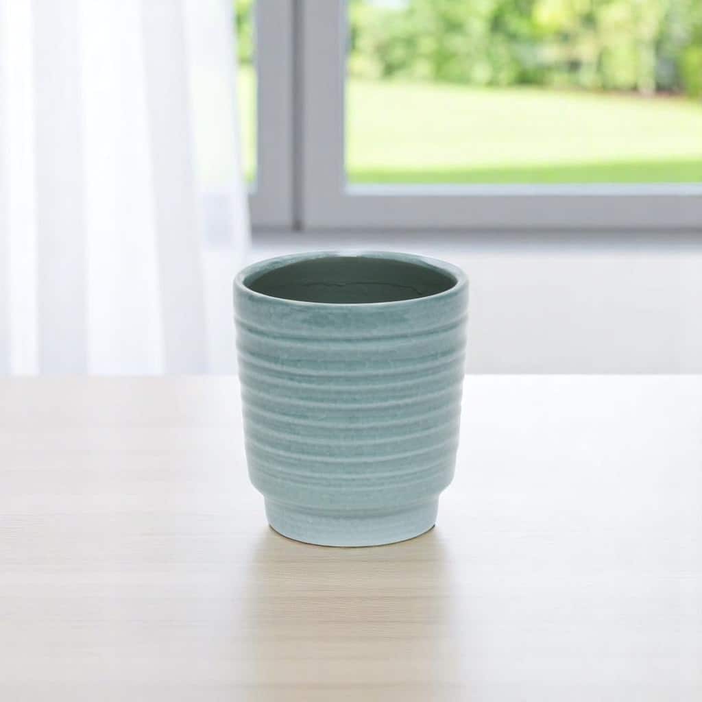HomeRoots Celadon Ceramic 35 Ounce Striped Round Distressed Pot Planter - 5.00 in. x 5.50 in. x 5.00 in.