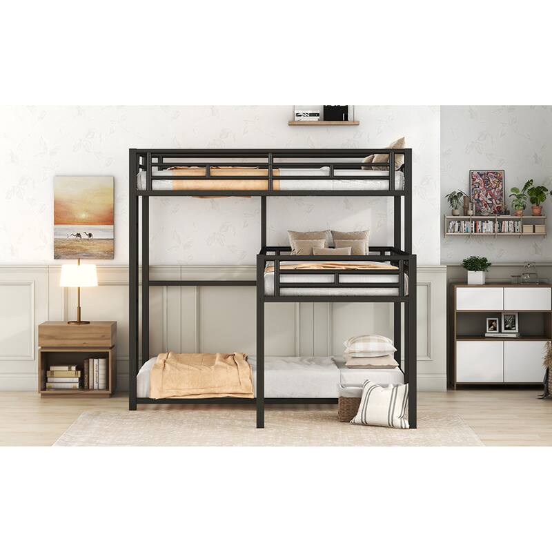 Roomfitters L-Shaped Metal Triple Twin Bunk Bed with Desk and Shelf, Black
