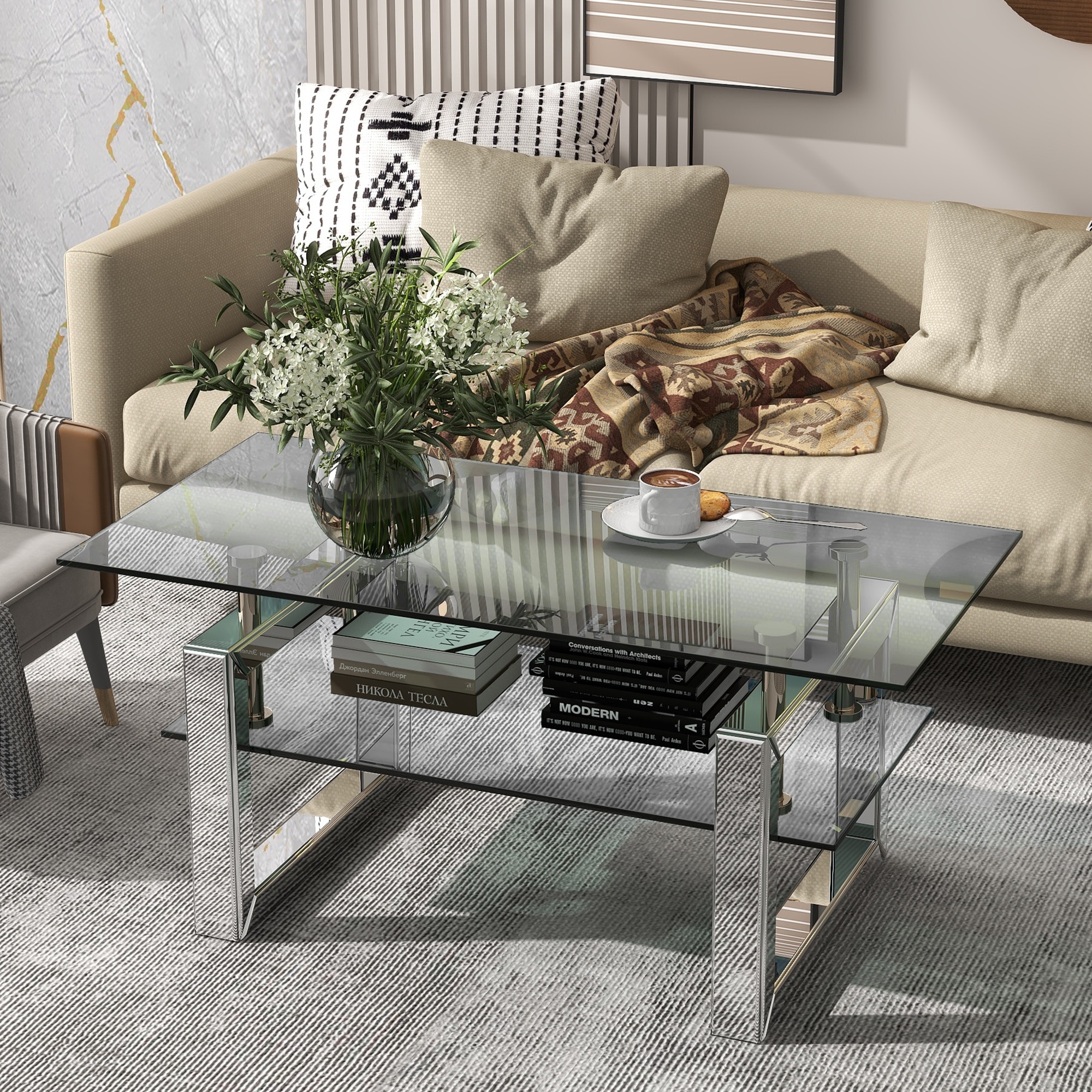 Roomfitters 39.4 Inch 2-Tier Glass Coffee Table, Modern Living Room Center Table with Mirrored Legs and Storage Shelf, Silver