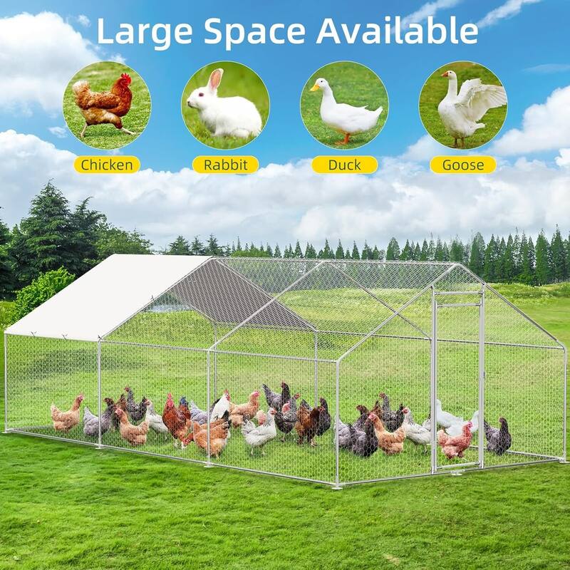 Large Chicken Coop Walk-in Poultry Cage with Waterproof & Anti-Ultraviolet Cover - 9.8' W x 19.5' L x 6.5' H