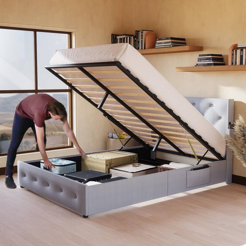 Full Size Modern Metal Platform Bed with Storage, Wingback Headboard & USB