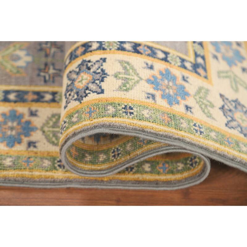 Gray Geometric Kazak Oriental Accent Rug Handmade Wool Carpet - 2'9" x 3'10"