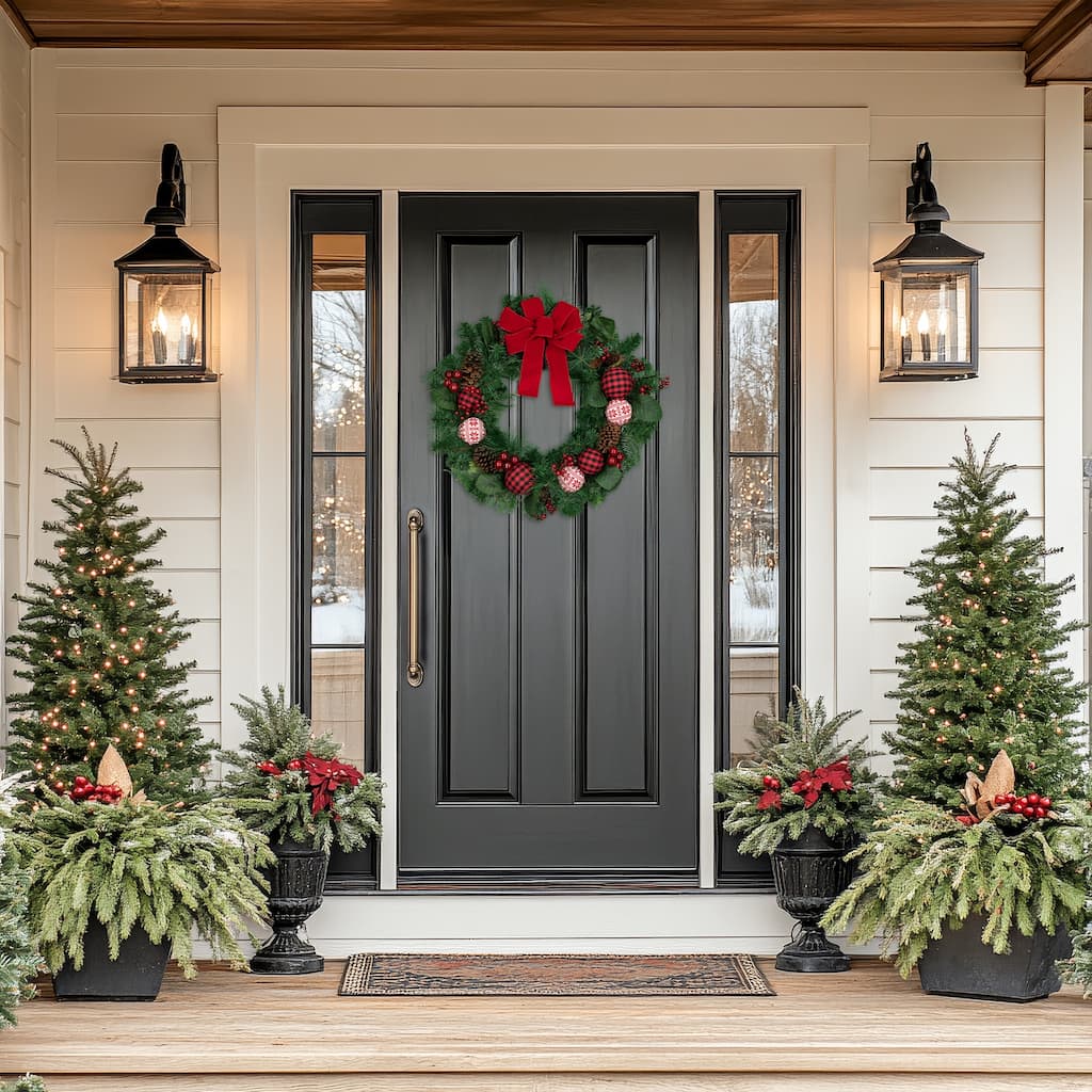 Red Bow Mixed Foliage Artificial Christmas Wreath with Ornaments, 30"