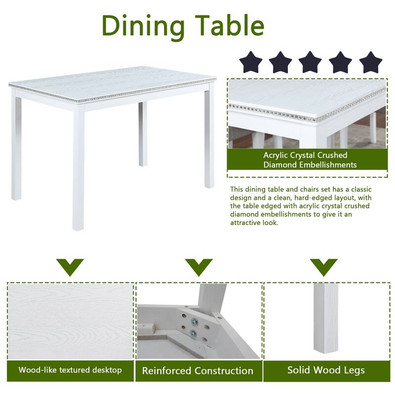 5-Piece, Modern Dining Table Set with Crystal-Embellished Dining Table and 4 Upholstered Dining Chairs, for Dining Rooms, White