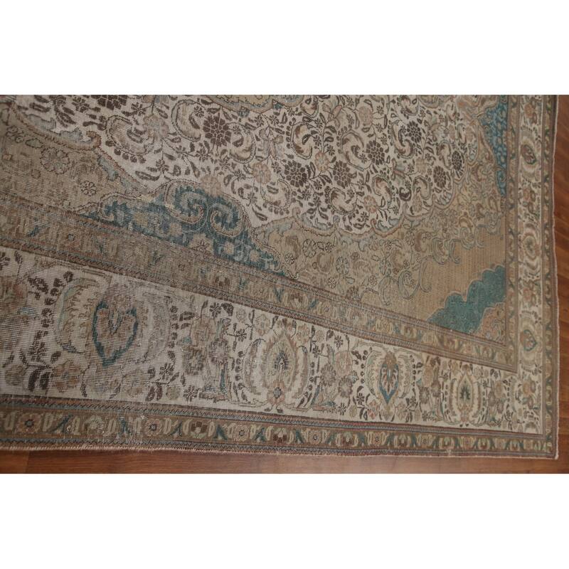 Distressed Geometric Tabriz Persian Antique Rug Handmade Wool Carpet - 9'8" x 13'5"