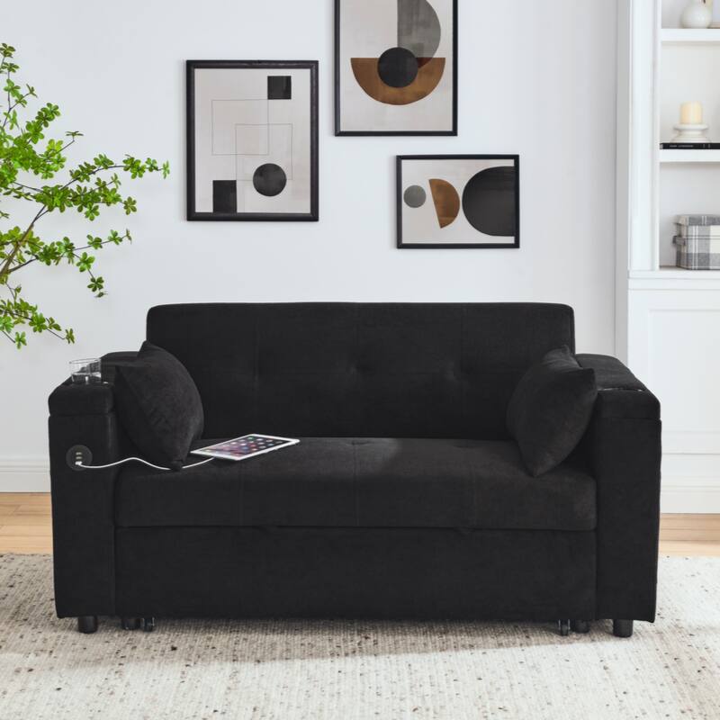 54" Pull-Out Sleeper Sofa Bed Double Seat Recliner Sofa Bed with Armrests with Storage and Side Pockets,with USB Power Outlet