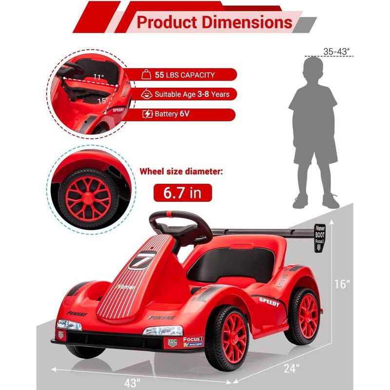 Kids Electric Go Kart, 6V Ride-On Racer Car Toy for Kids Best Gift