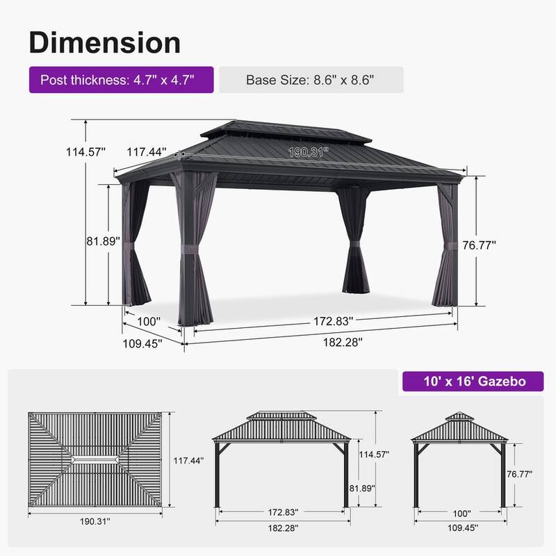PURPLE LEAF Outdoor Galvanized Steel Full size Hardtop Gazebo Aluminum Frame Gazebo With Curtains