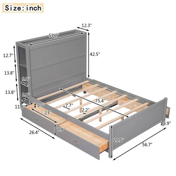 dimension image slide 0 of 2, Full Size Platform Kids Bed Frame with Storage Shelves, 4-Drawers & Elegant Headboard for Modern Style and Functionality, Blue