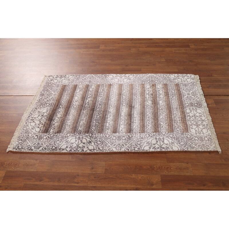 Striped Abstract Accent Rug Handmade Oriental Grey Wool Carpet - 2'10"x 4'6"