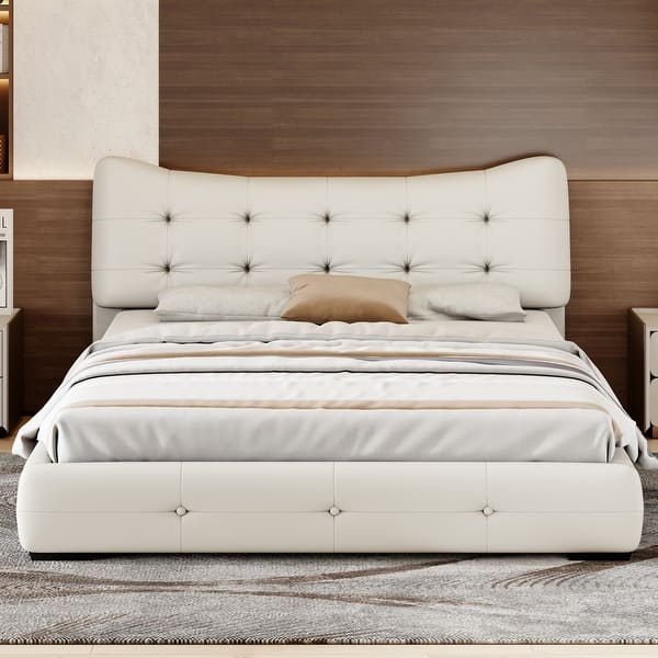 slide 2 of 9, Modern Queen Size PU Upholstered Platform Bed with Ergonomic Wingback Headboard, No Box Spring Needed, Cream Cream