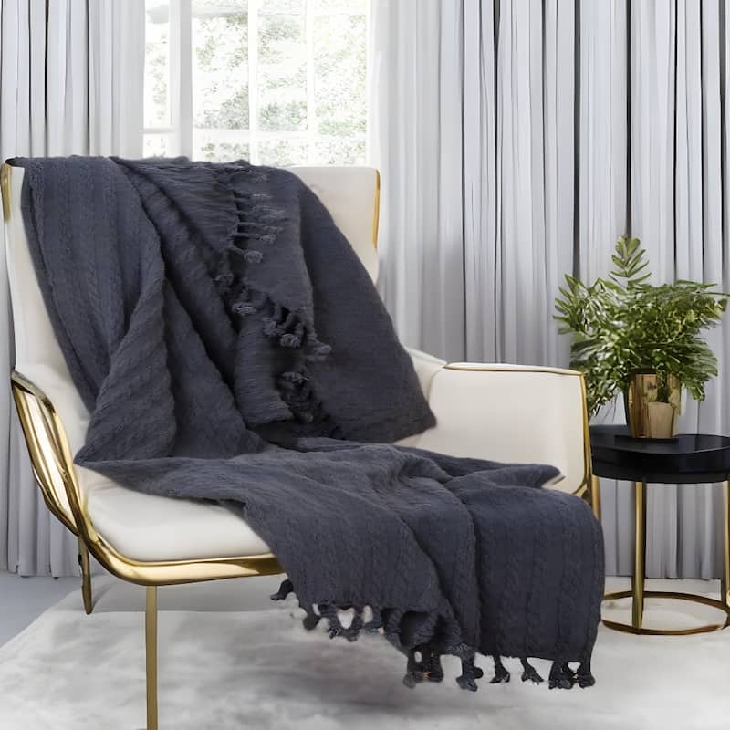 HomeRoots Blue Gray Knitted 100% Cotton Throw Blanket - Throw - Blue/Gray