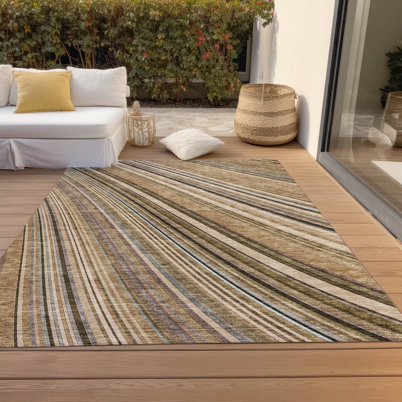 Machine Washable Indoor/ Outdoor Stripe Wave Chantille Rug - Taupe - 10' x 14'