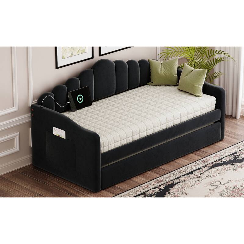 Twin Upholstered Velvet Daybed with Trundle and USB Charging Ports, Black