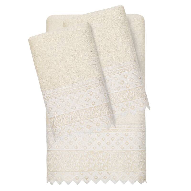 Authentic Hotel and Spa 100% Turkish Cotton Aiden 3PC White Lace Embellished Towel Set - Cream