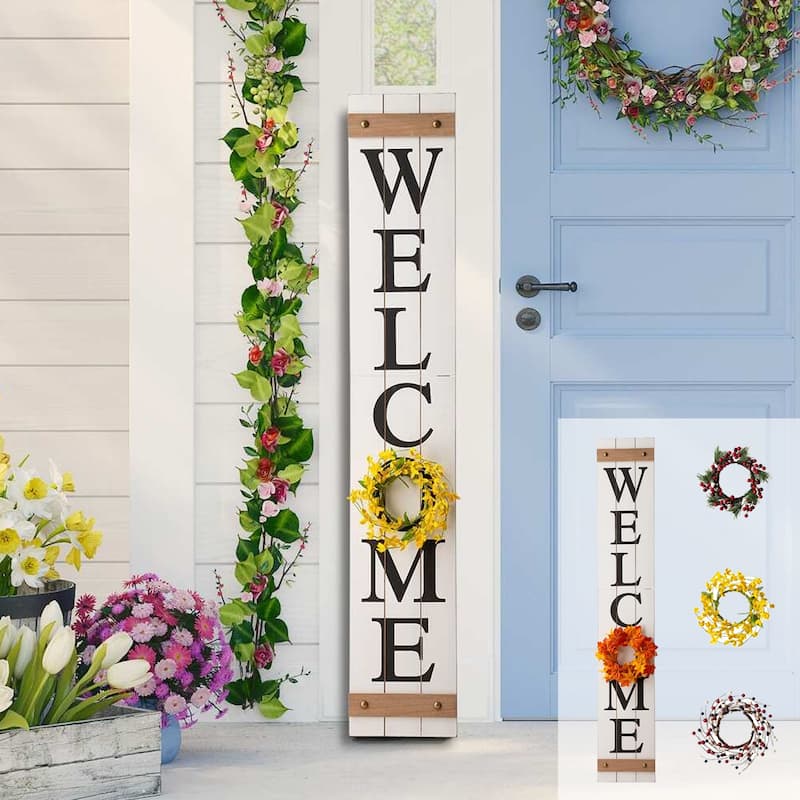 Glitzhome 60"H Christmas Wooden Welcome Porch Sign with 4 Wreaths Outdoor New Year Decorations