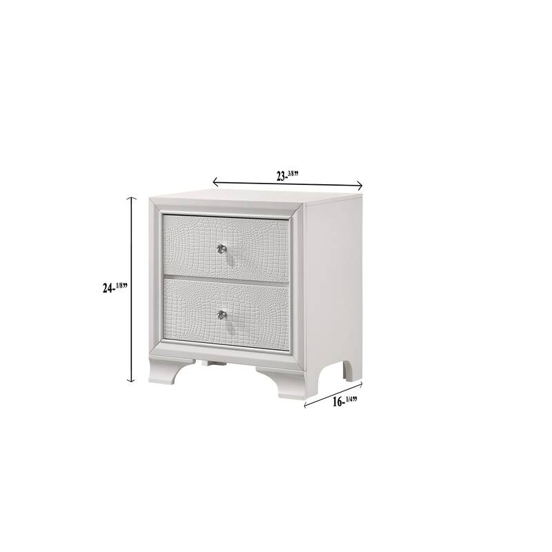 Modern Glam 1pc Crisp White Nightstand w/ 2 Drawers & Embossed Crocodile Pattern for Bedroom
