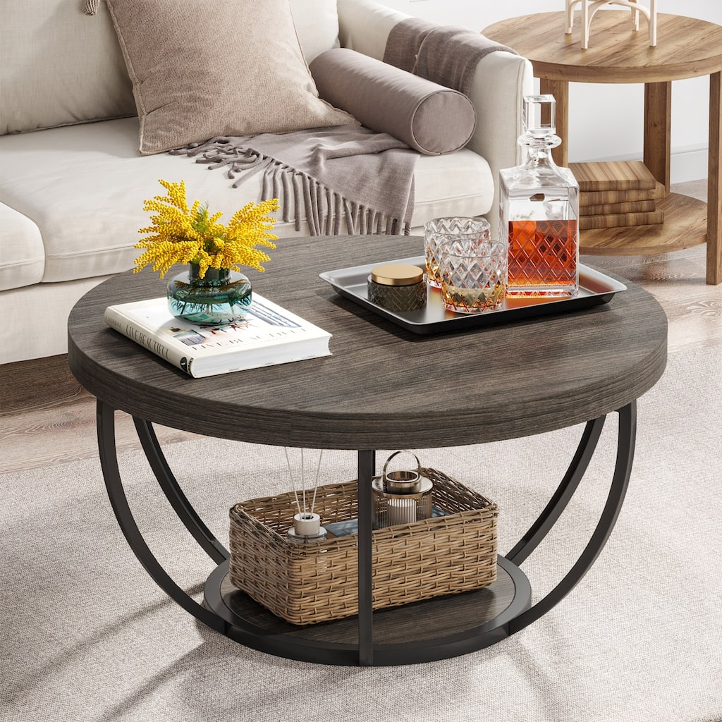 31.7" Round Coffee Table, Rustic 2-Tier Center Table with Storage Open Shelves
