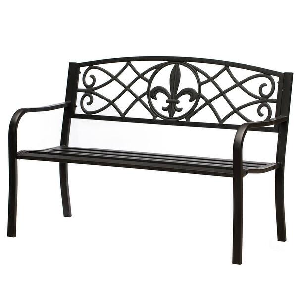 slide 2 of 7, Outdoor Garden Patio Steel Park Bench Lawn Decor with Cast Iron Unique Design Back, Black Seating Bench for Yard, Patio, Garden Black