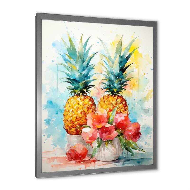 Designart "Aquarel Pineapple Painting" Pineapples Wall Decor Green - Traditional Living Room Framed Canvas Art