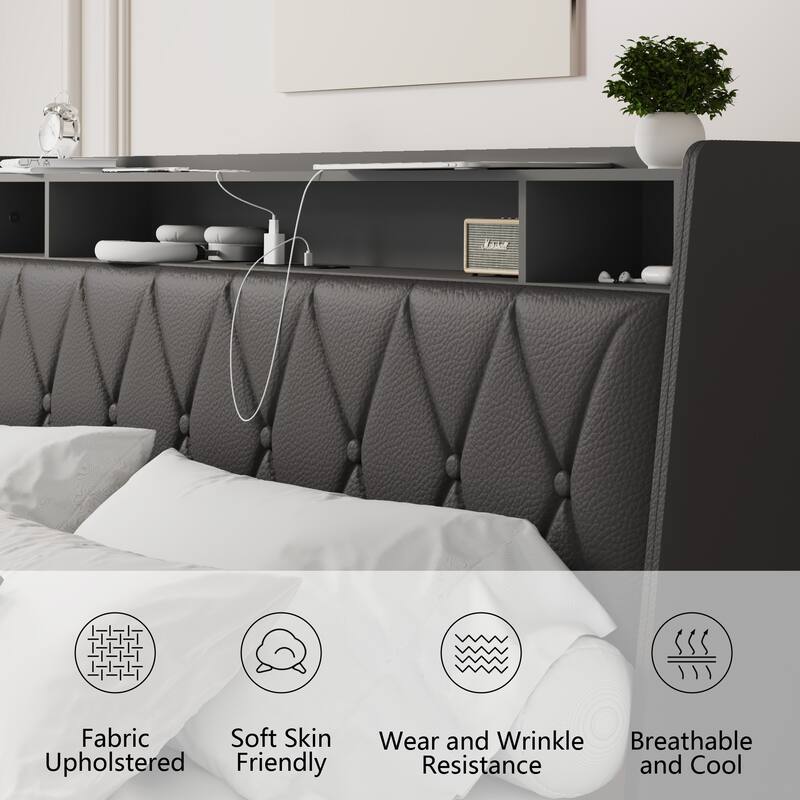 3-Pieces Bedroom Sets,Metal Bed Frame with Outlets, Charger, 4 drawers and Two Nightstands with Charging Station and LED Lights