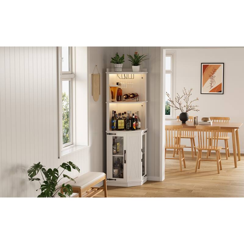 67.3" Corner Kitchen Bar Cabinet Farmhouse Wine Bar Cabinet with Power Outlet, LED Lights, Glass Rack & Adjustable Shelves