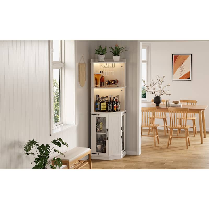 Farmhouse 67.3" Corner Wine Bar Cabinet with Power Outlet and Adjustable Shelves