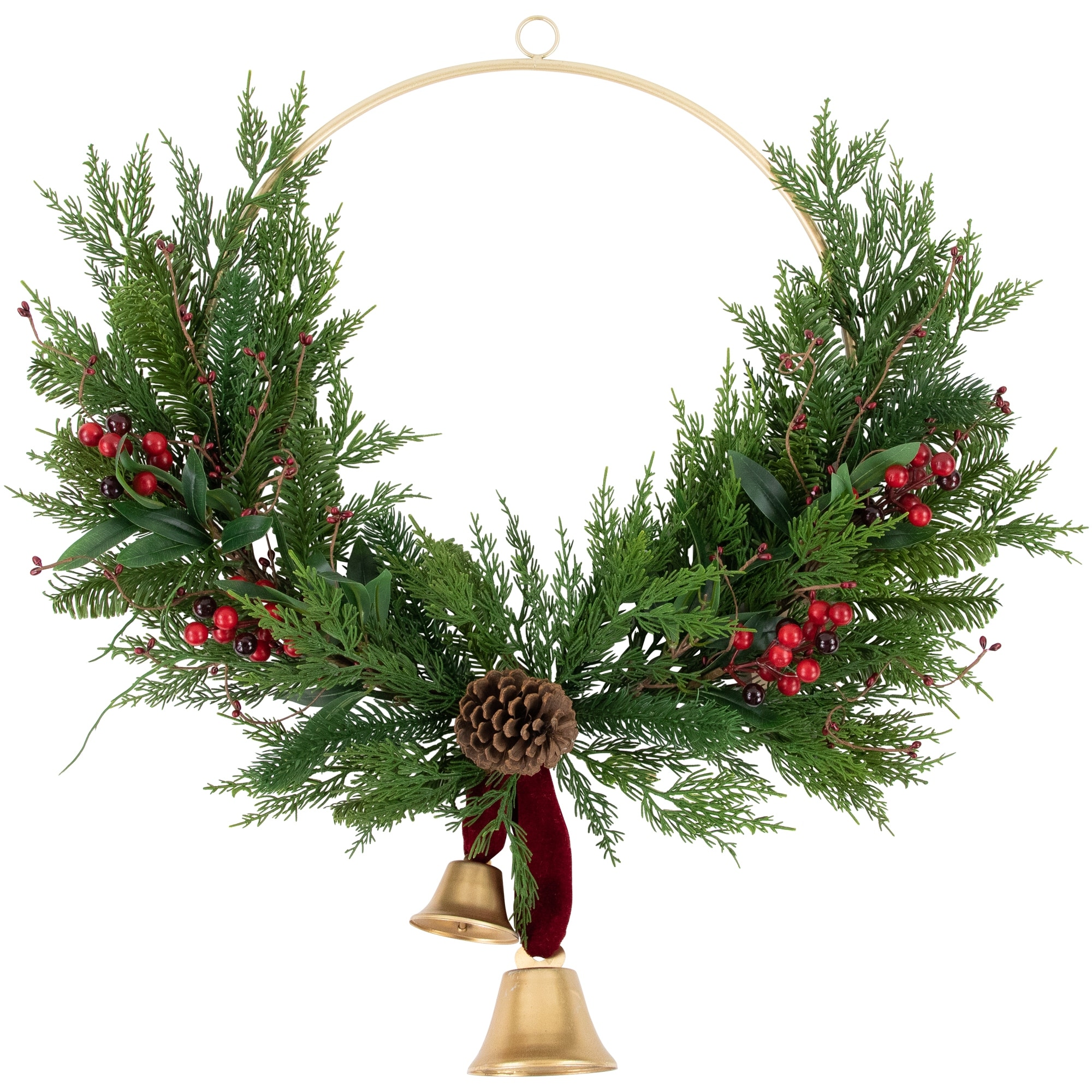 Cypress and Pine with Berries and Bells Artificial Christmas Wreath 28-Inch - Unlit - 28"