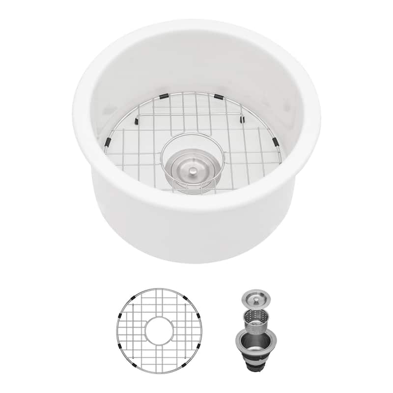 18'' Undermount Single Bowl Porcelain Fireclay Circular Kitchen Sink in White with Drain Assembly and Bottom Grid