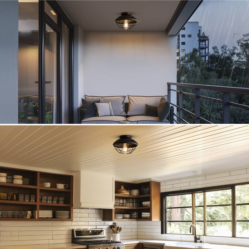 1-Light Outdoor Flush Mount Ceiling Light, Matte Black, Metal Cage Shade, Weather Resistant, Indoor - 10"
