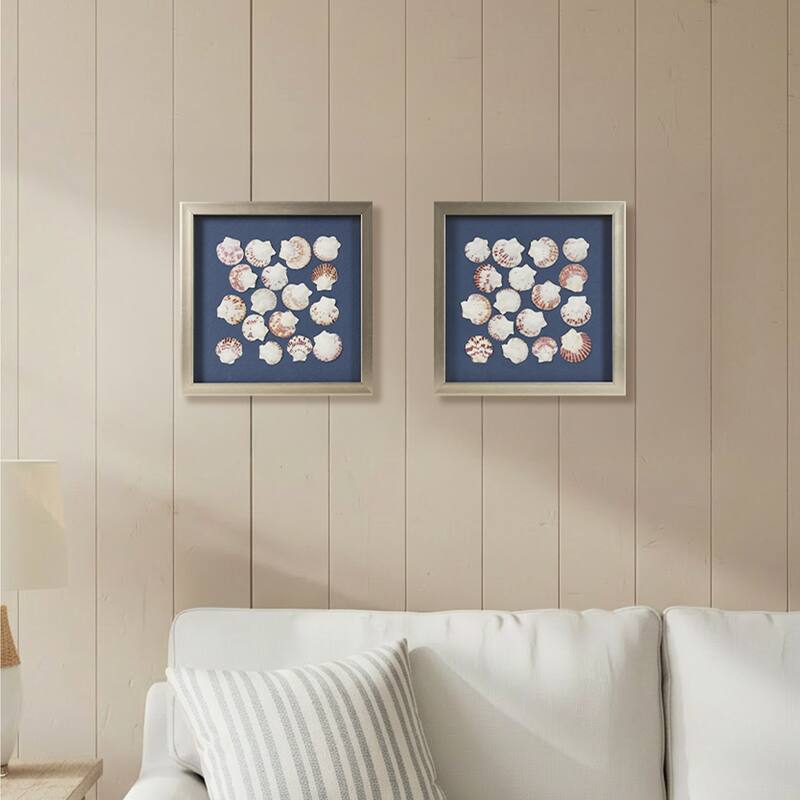 American Art Decor 2-Piece Coastal Seashell & Sea Glass Shadowbox Framed Wall Art Set