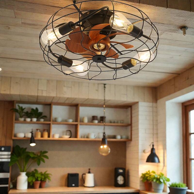 20 Inch Industrial Caged Ceiling Fan with Light, Matte Black, 6-Speed Reversible DC Motor, Remote, E26 Bulbs Included