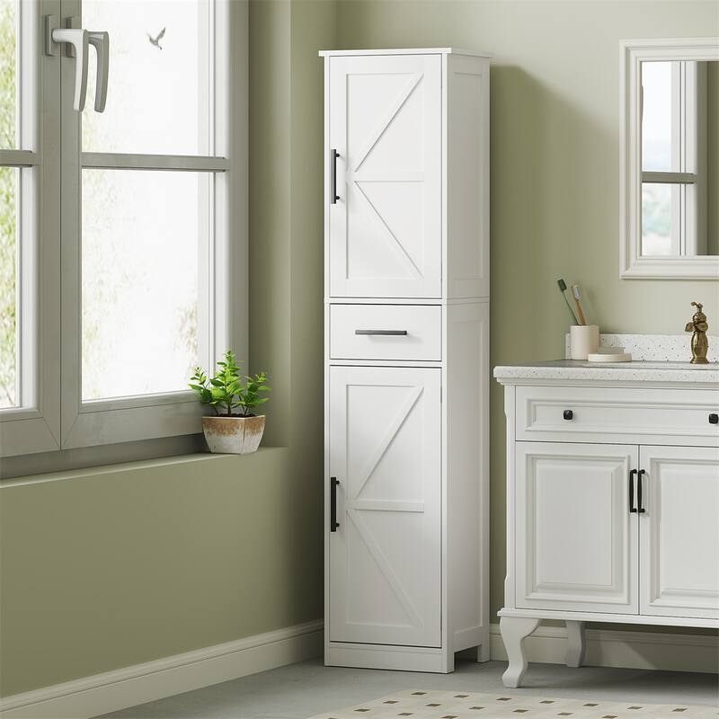 White MDF Tall Bathroom Cabinet with Barn Doors, Drawer and Adjustable Shelves - 15.7" L x 11.8" W x 66.9" H