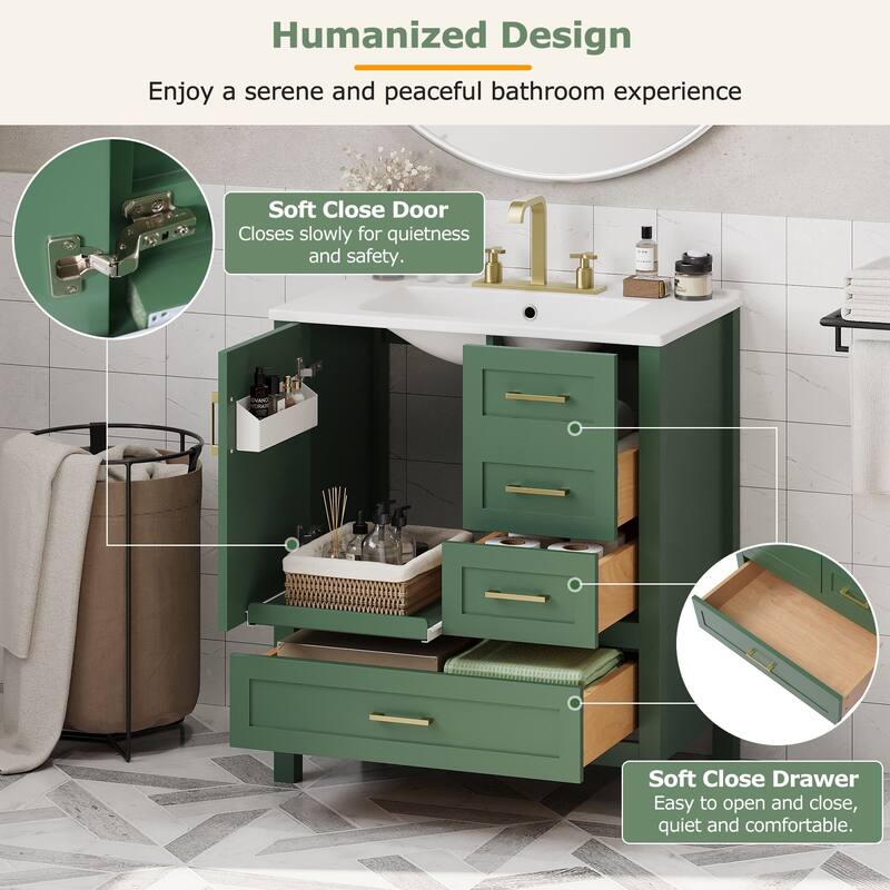 30" Black Bathroom Vanity with Sink - Solid Wood & MDF, Soft-Close Drawers, Modern Freestanding Storage Cabinet