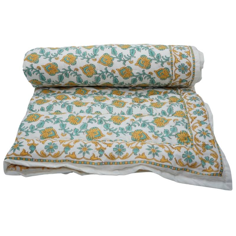 Fabdivine Hand Block Print Cotton Quilt, Soft & Luxurious Yellow Green Floral Madhubala Bedding, Reversible Lightweight Handmade