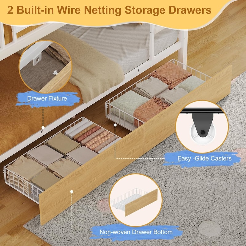 House Low Loft Bed Twin Size Storage Drawers Bookcase LED Lights