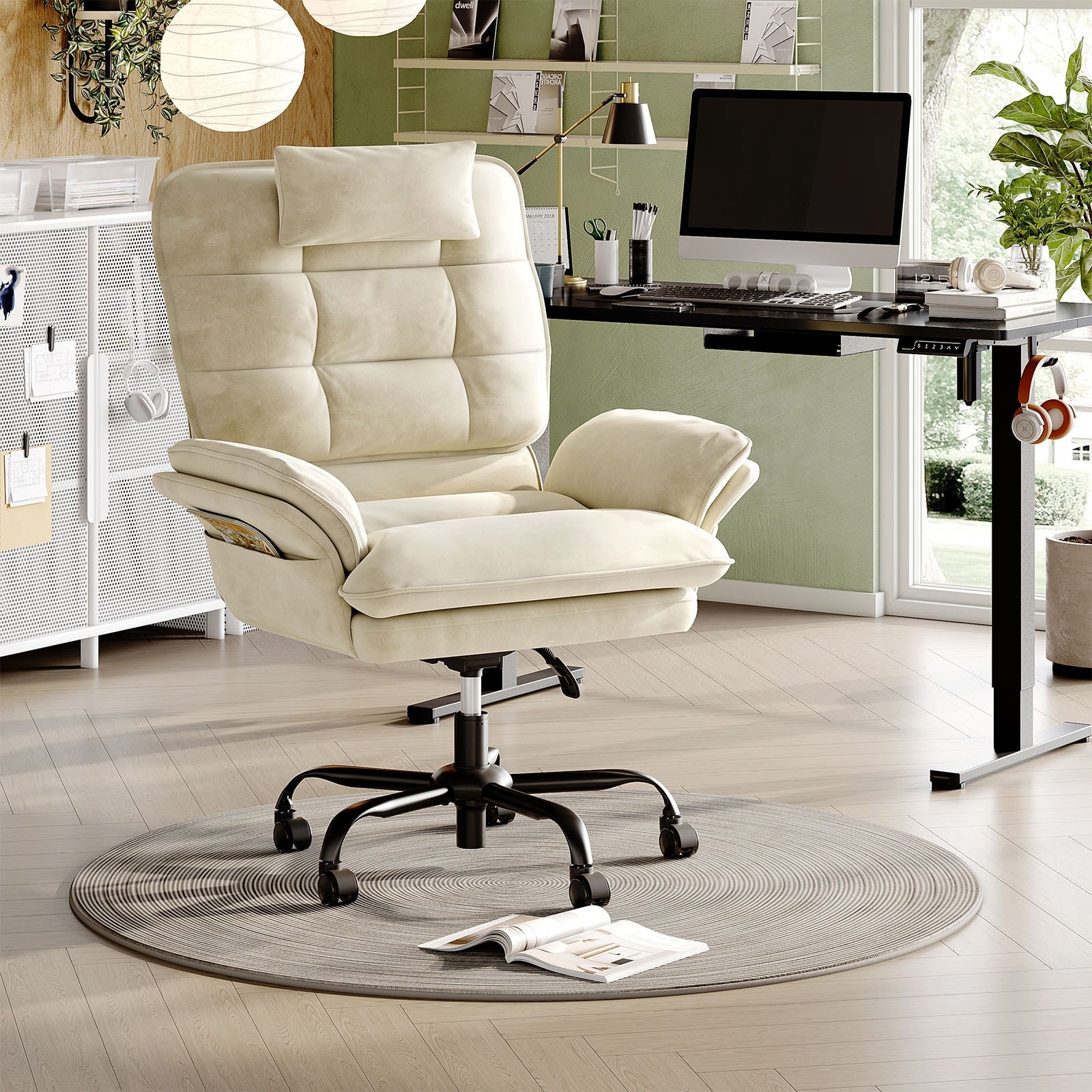 Comfortable Velvet Executive Chair, Ergonomic Office Chair with Headrest,Flip Up Armrests and Side Pockets