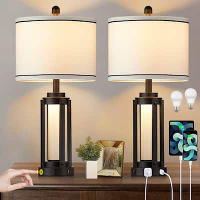 Black Metal Table Lamps Nightlight 2in1 USB & Type-C Charging Ports AC Outlet & Knockdown Drum Shade (Set of 2)