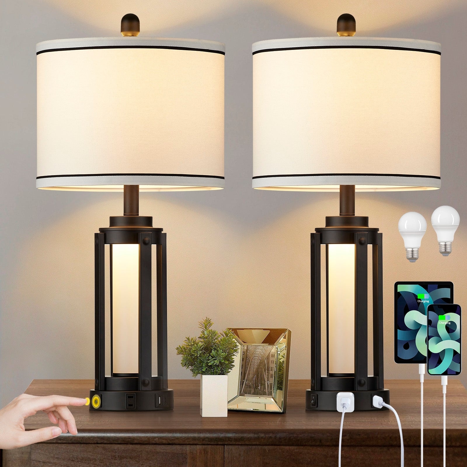 25.5" Industrial Modern USB Table Lamp Set with Night Light, Built-in Outlet(Set of 2) - 12'' x 12'' x 25.3'' (L x W x H)