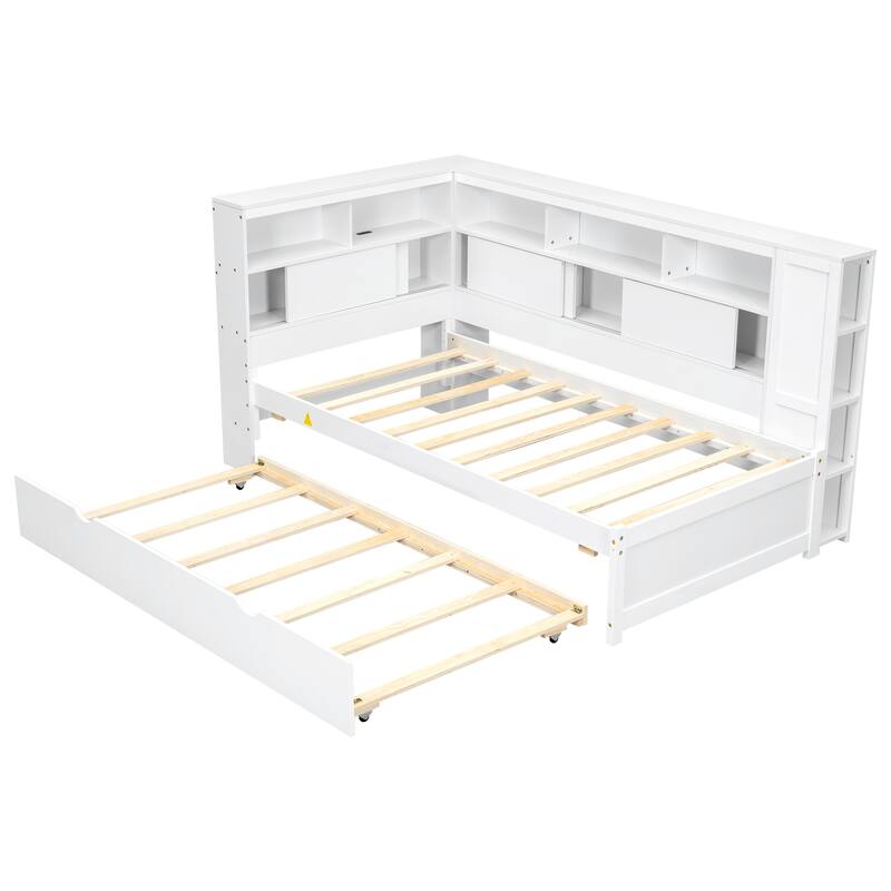 Twin Size Wood Daybed with Storage Shelves USB Charging and Trundle