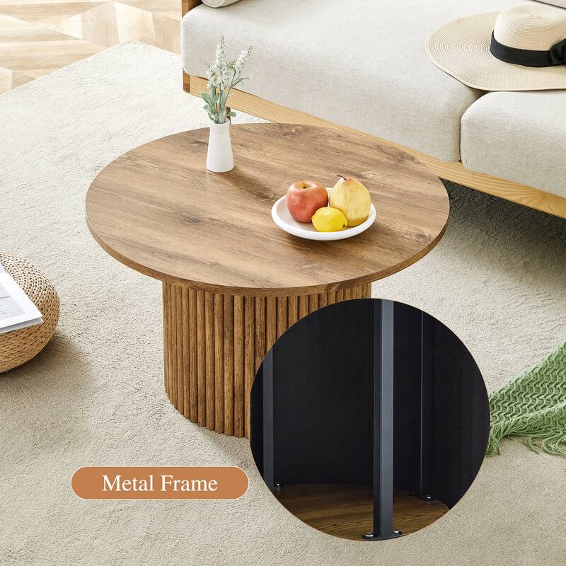 Modern Round Coffee Table with Cylindrical Legs Wooden Center Table with Concealed Storage Space Living Room Tea Table