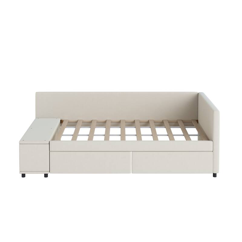 L-Shaped Twin Size Upholstered Platform Bed with Storage Drawers, Beige