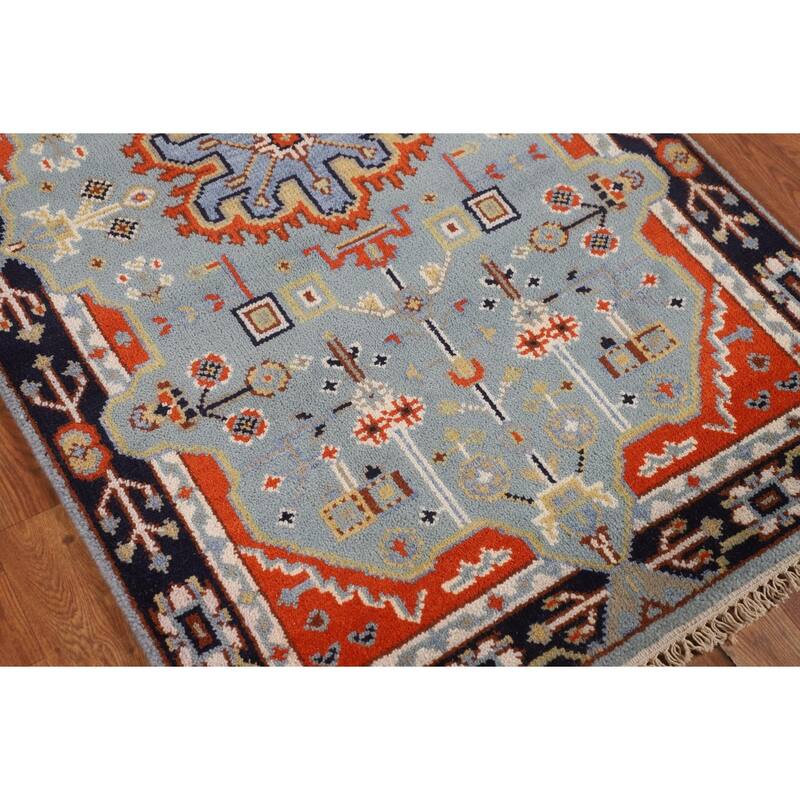 Light Blue Geometric Kazak Rug Hand-Knotted Wool Carpet - 3'0" X 5'2"
